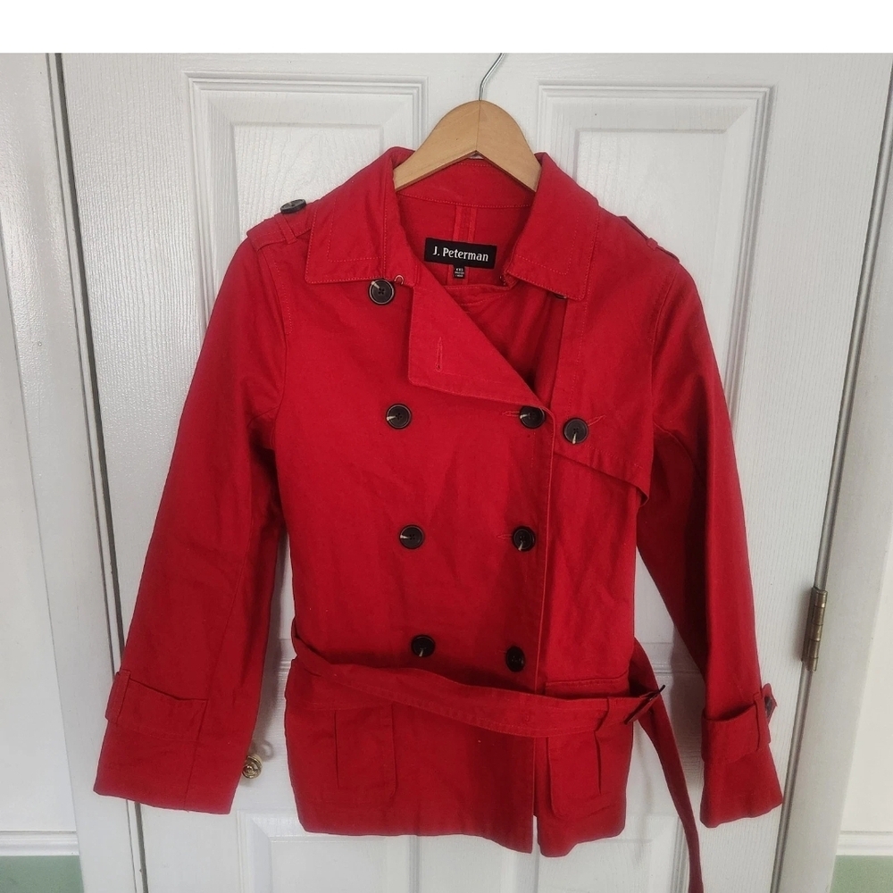 J. Peterman Women Size XXS Red Peacoat Raincoat Belted Double Breasted $248 MSRP